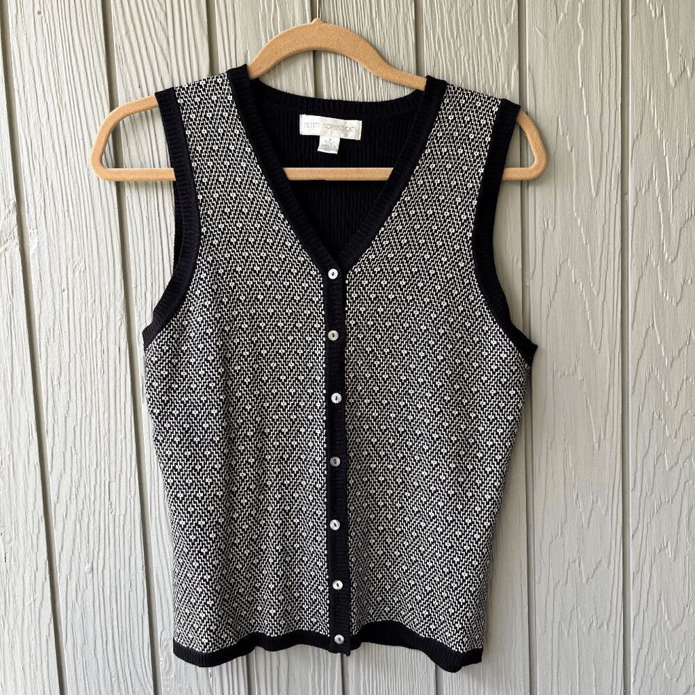 VTG 90s Silk Blend Knit Vest Petite Sophisticate S/M MOP Buttons Black White